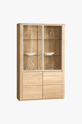 Kétajtós tölgyfa vitrin üveges ajtókkal, 199 cm magas, barna